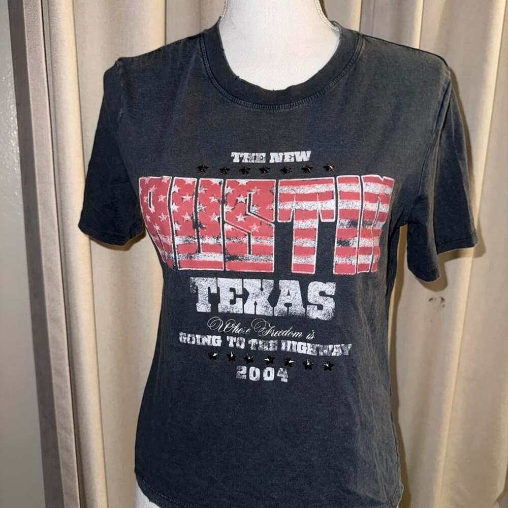 Bershka Texas Graphic Tee Size S Black Red Distressed Stars Y2K